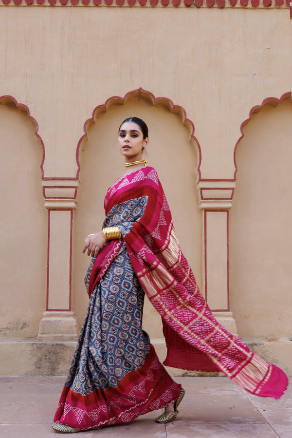 Pink Ajrakh Handblock Pure Bandhani Silk Saree with Zari Gharchola Pallu