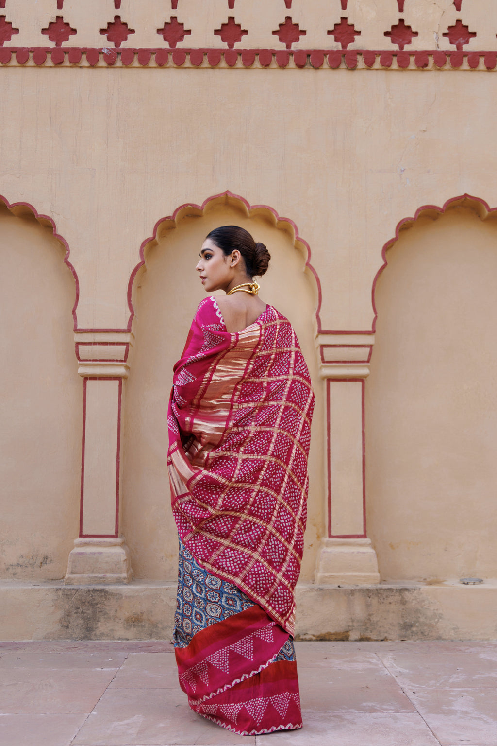 Pink Handwoven Ajrakh Bandhani Pure Silk Saree