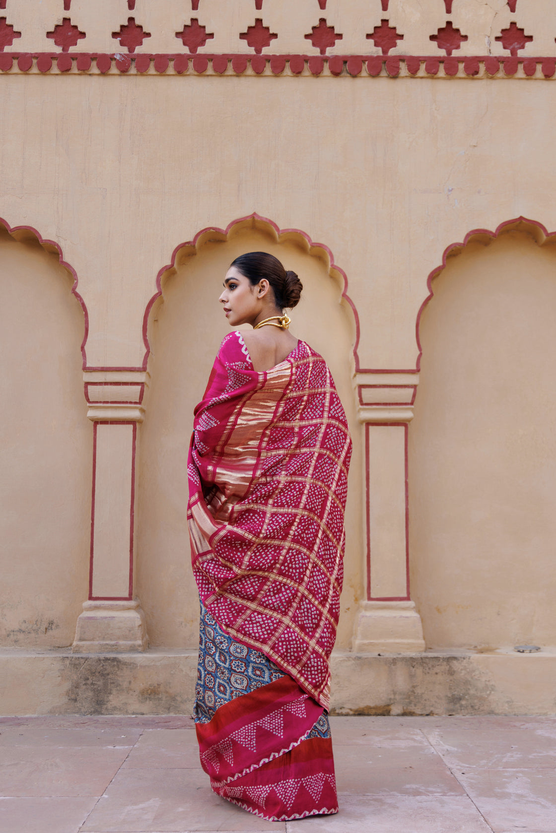 Pink Handwoven Ajrakh Bandhani Pure Silk Saree