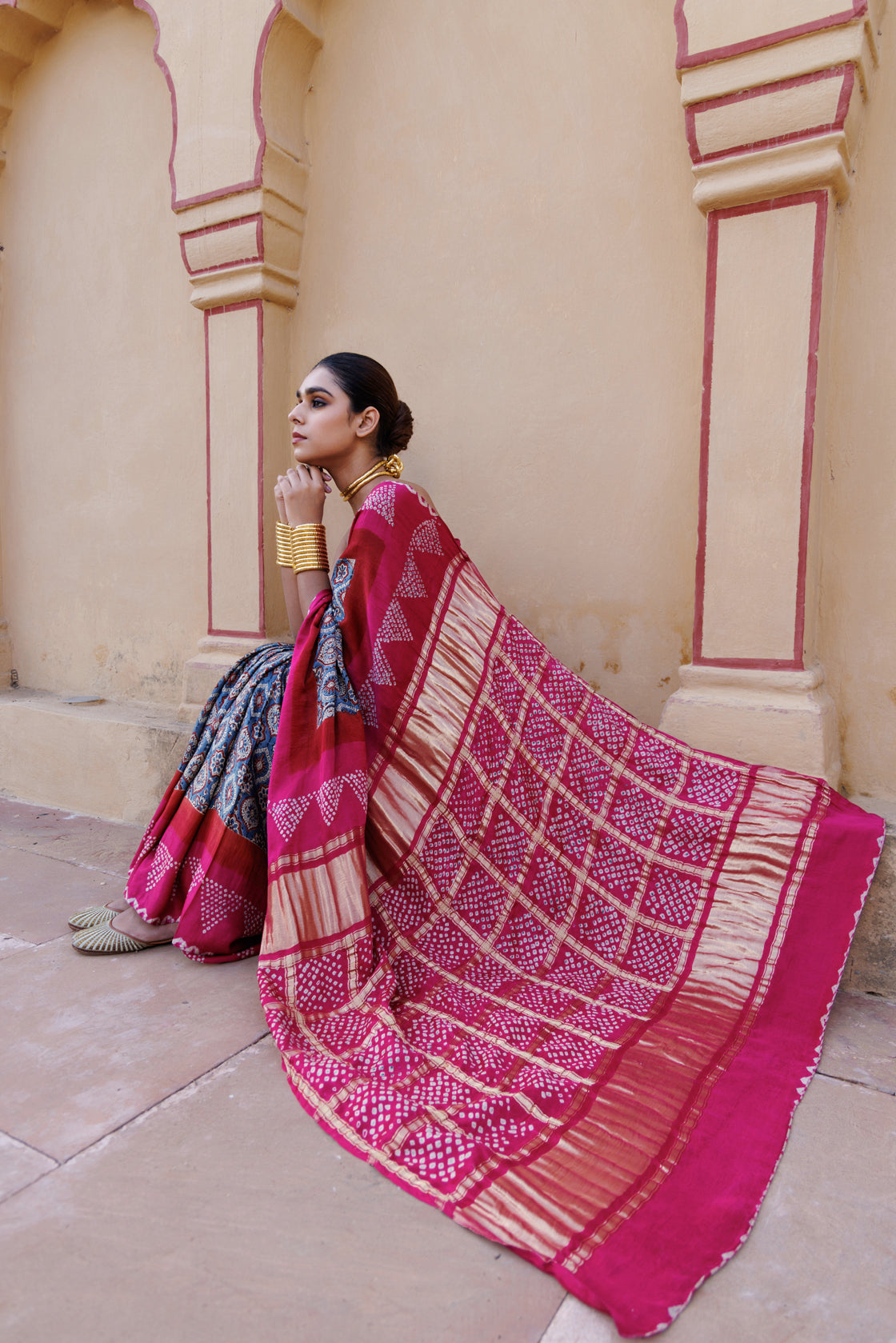 Pink Handwoven Ajrakh Bandhani Pure Silk Saree