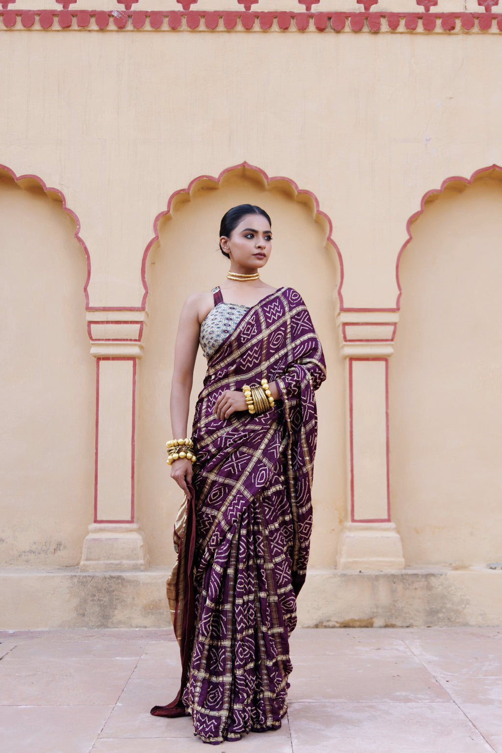 Wine Handwoven Ajrakh Bandhani Pure Silk Saree