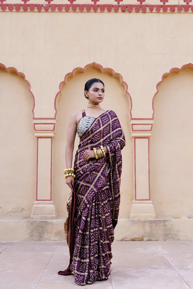 Wine Handwoven Ajrakh Bandhani Pure Silk Saree