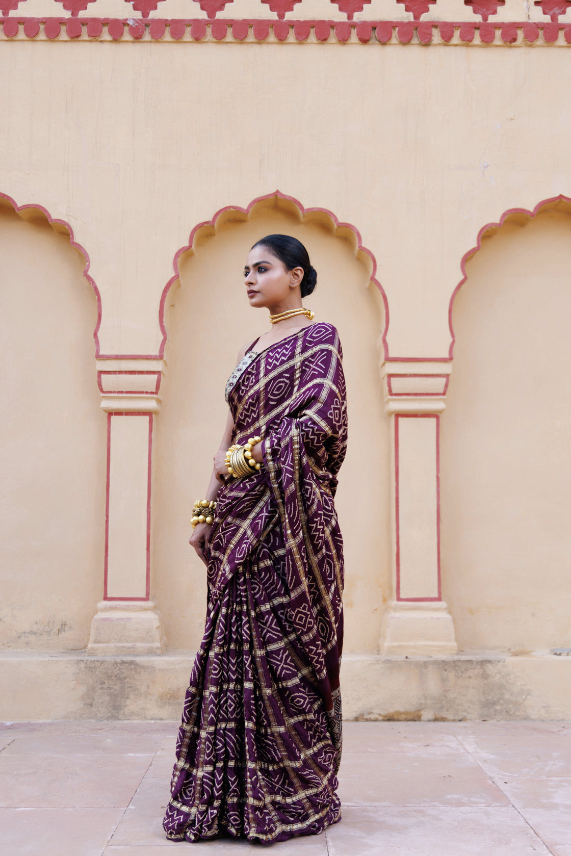 Wine Handwoven Ajrakh Bandhani Pure Silk Saree