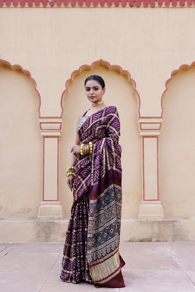 Wine Handwoven Ajrakh Bandhani Pure Silk Saree