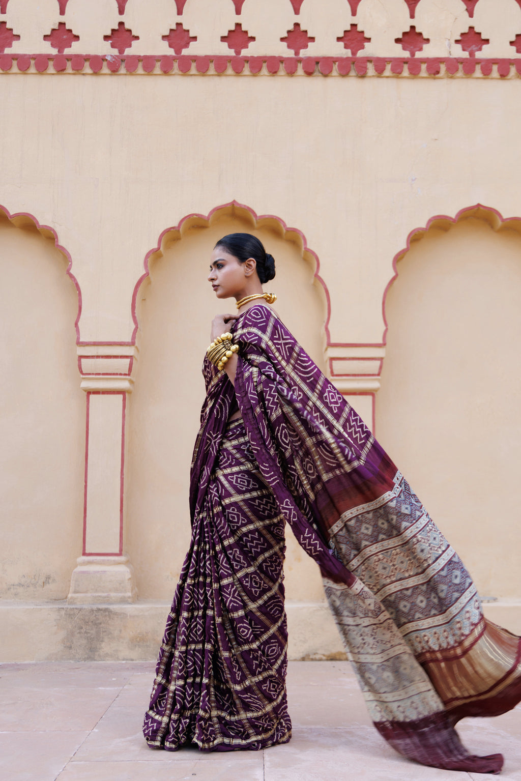 Wine Handwoven Ajrakh Bandhani Pure Silk Saree