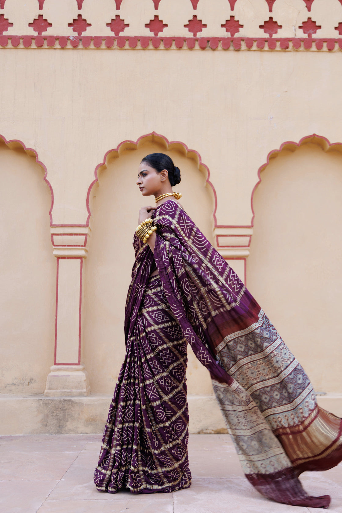 Wine Handwoven Ajrakh Bandhani Pure Silk Saree