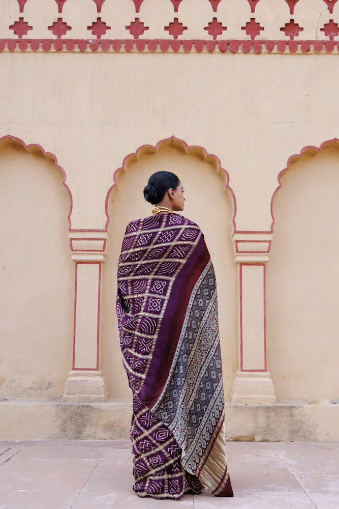 Wine Handwoven Ajrakh Bandhani Pure Silk Saree