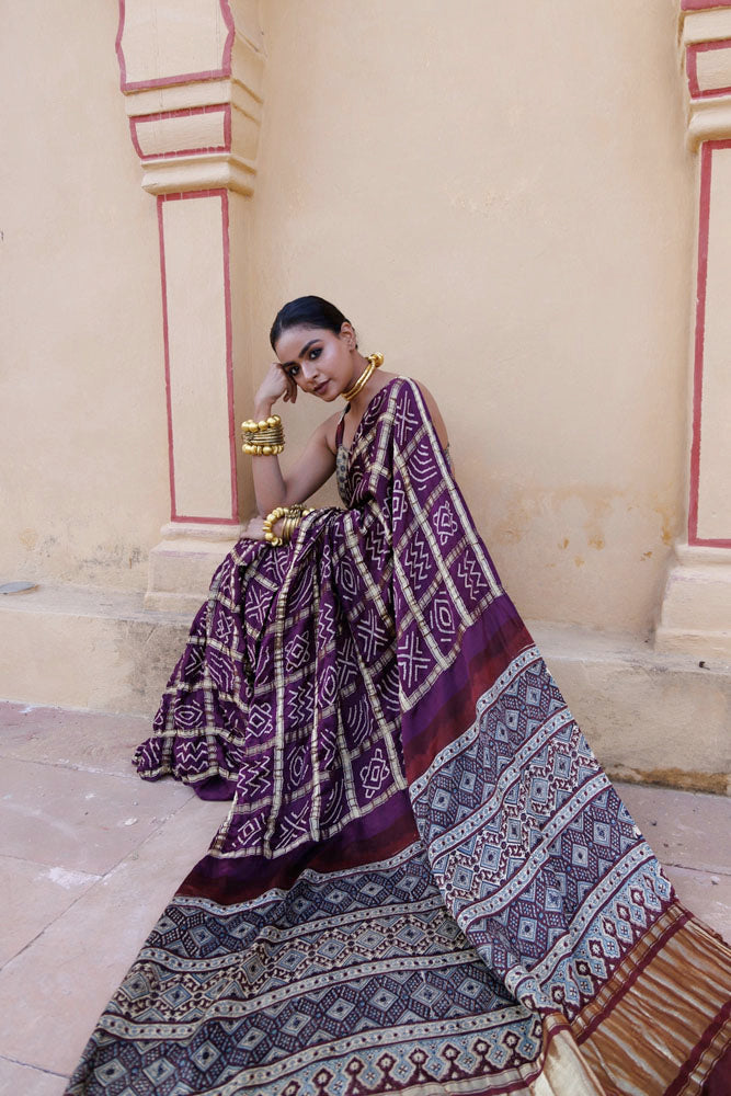 Wine Handwoven Ajrakh Bandhani Pure Silk Saree