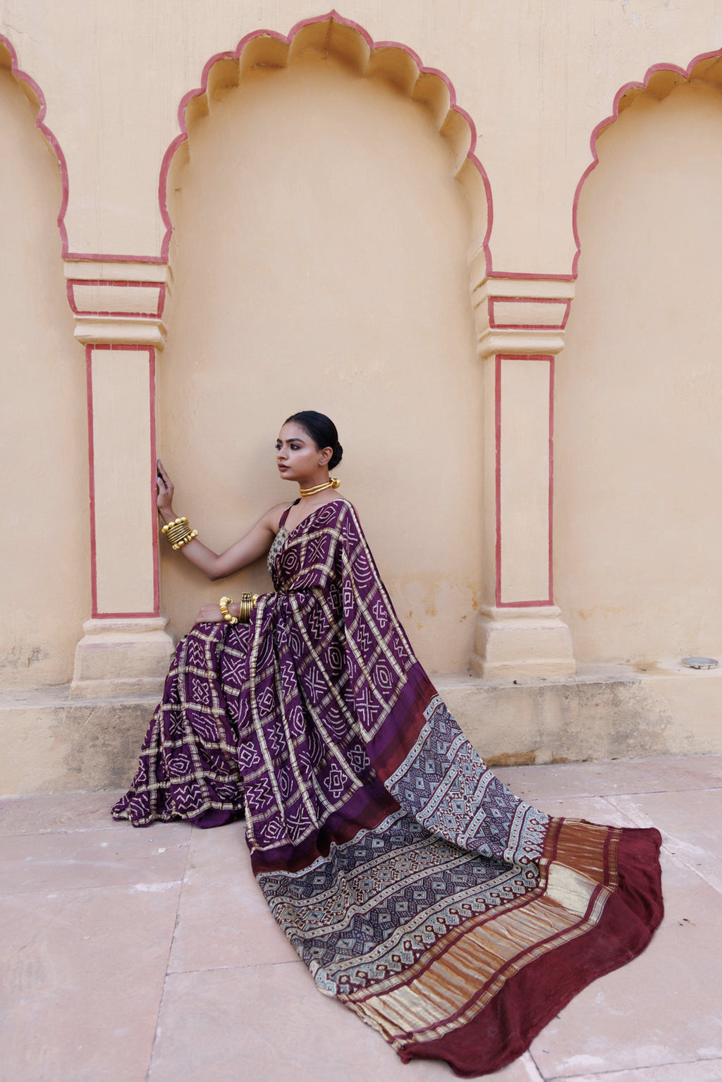 Wine Handwoven Ajrakh Bandhani Pure Silk Saree