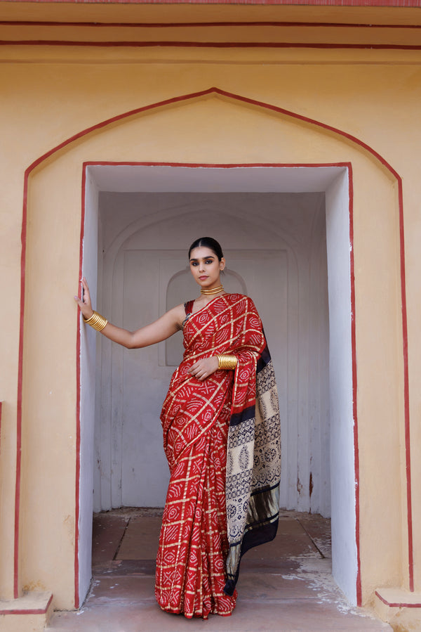 Red Pure Bandhani Gharchola Zari Silk Saree with Ajrakh Pallu