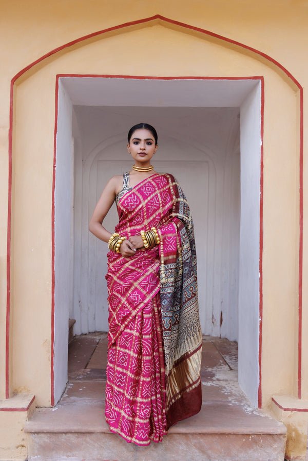 Pink Handwoven Ajrakh Bandhani Pure Silk Saree