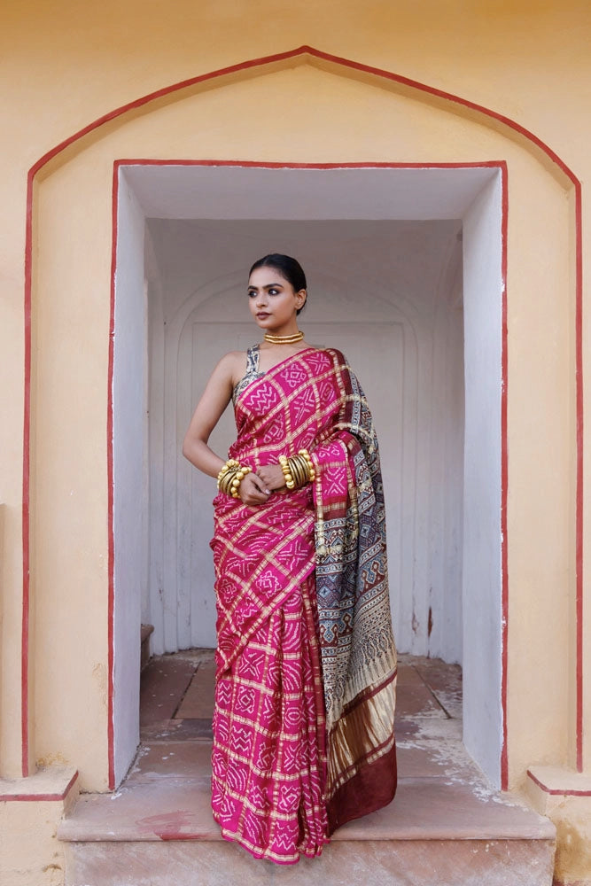 Pink Handwoven Ajrakh Bandhani Pure Silk Saree