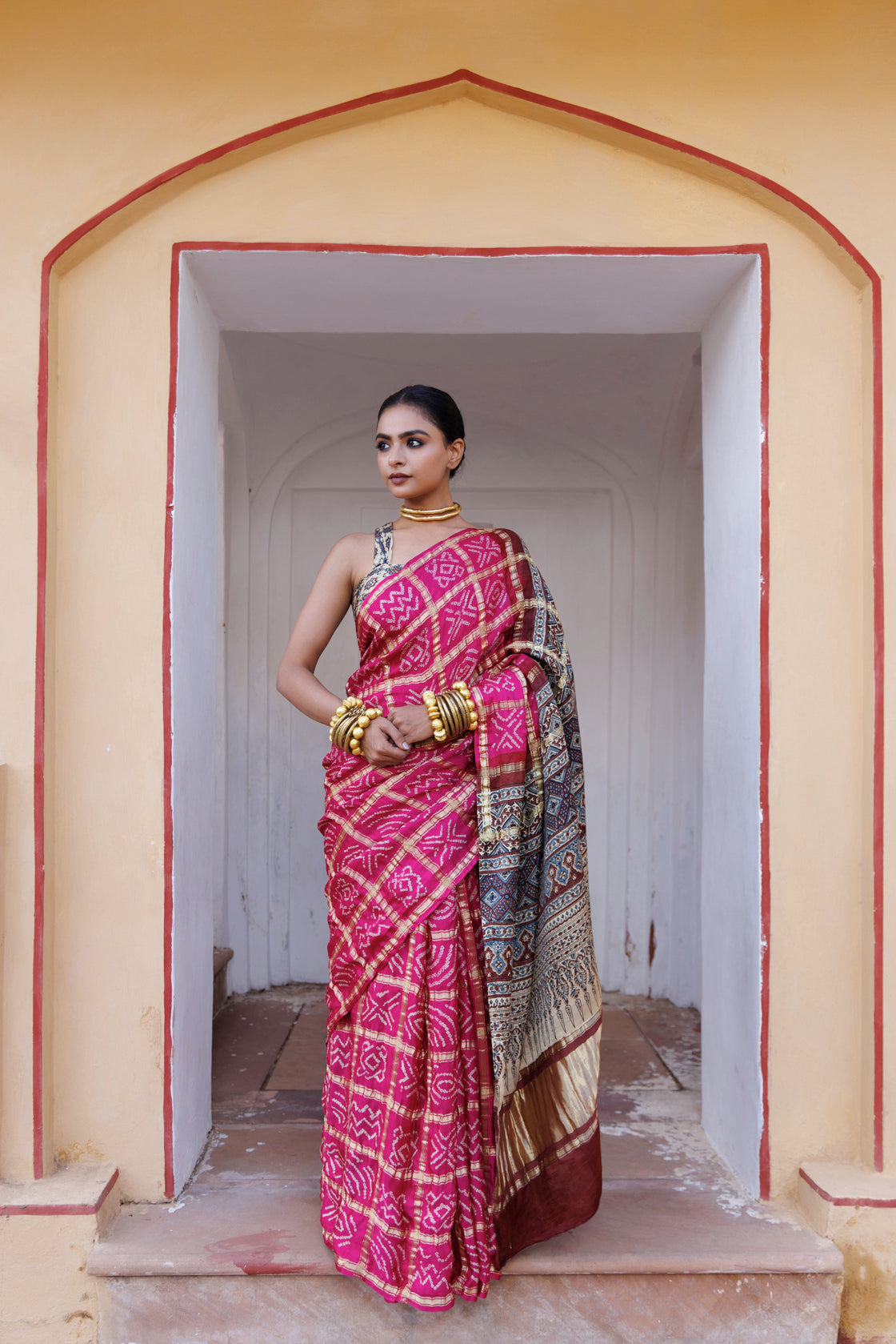Pink Handwoven Ajrakh Bandhani Pure Silk Saree