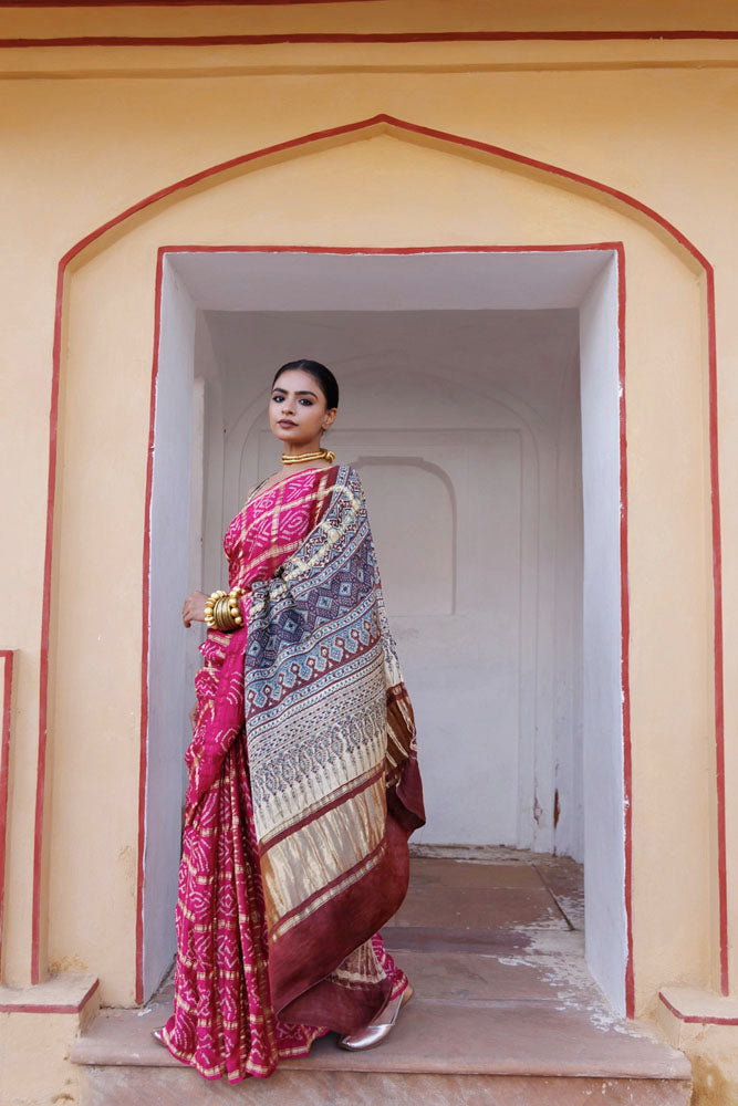 Pink Handwoven Ajrakh Bandhani Pure Silk Saree