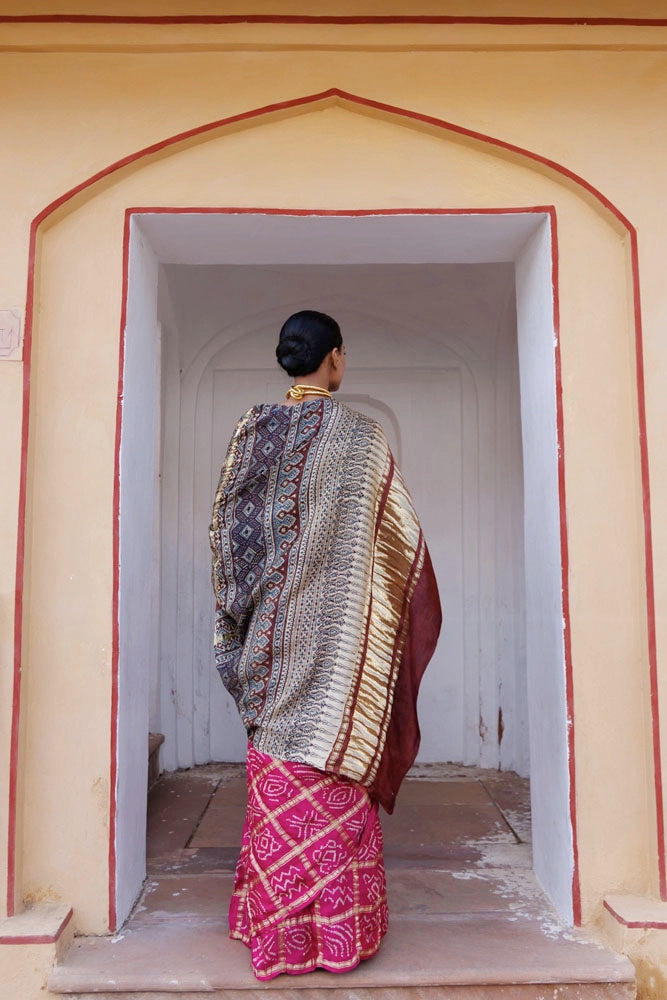 Pink Handwoven Ajrakh Bandhani Pure Silk Saree