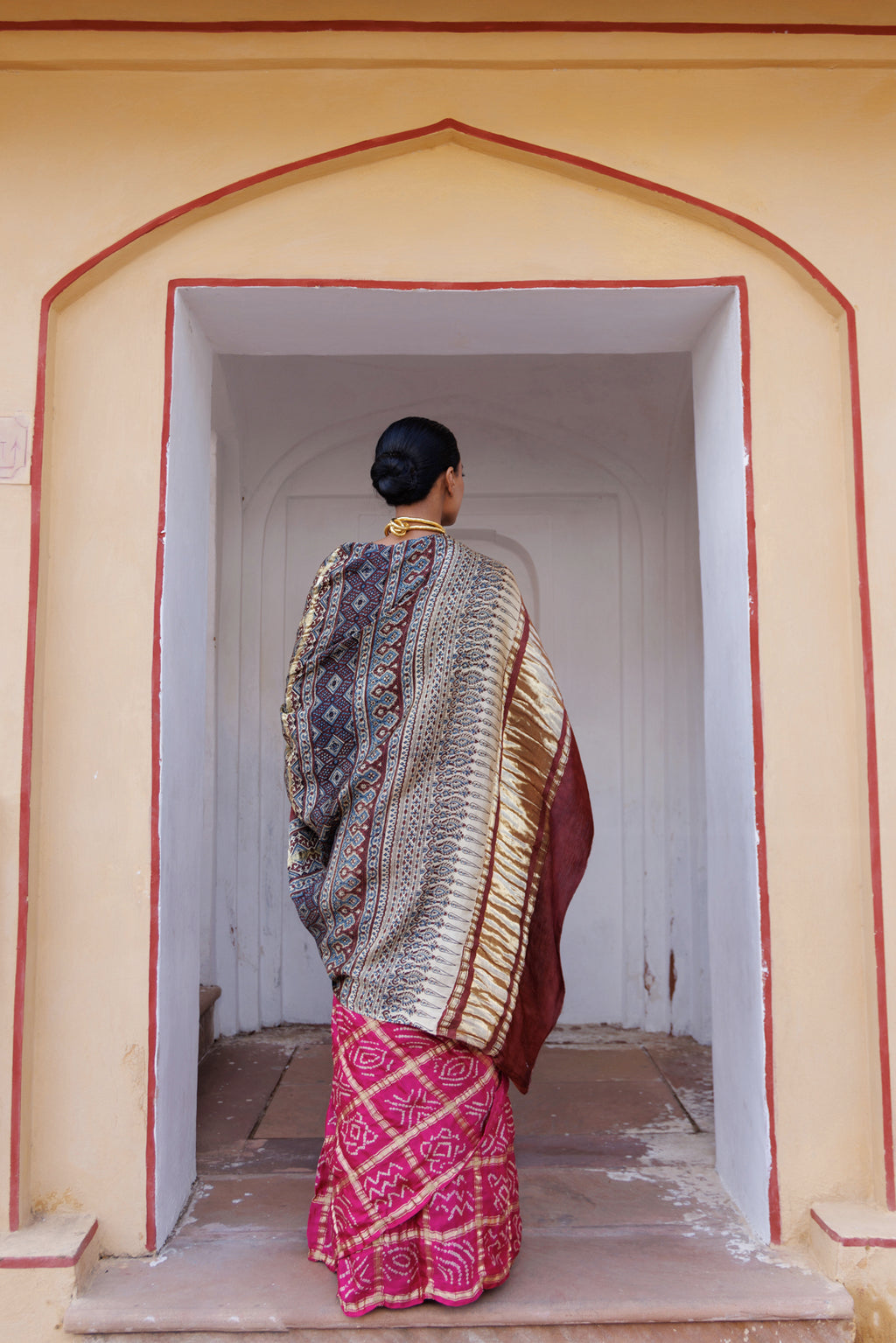 Pink Handwoven Ajrakh Bandhani Pure Silk Saree
