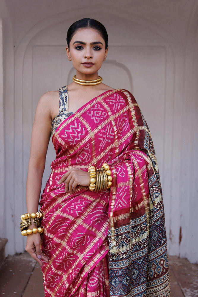 Pink Handwoven Ajrakh Bandhani Pure Silk Saree