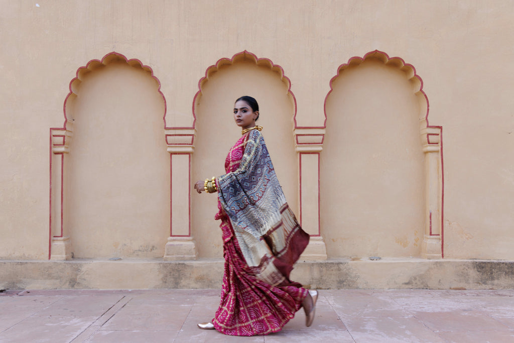 Pink Handwoven Ajrakh Bandhani Pure Silk Saree
