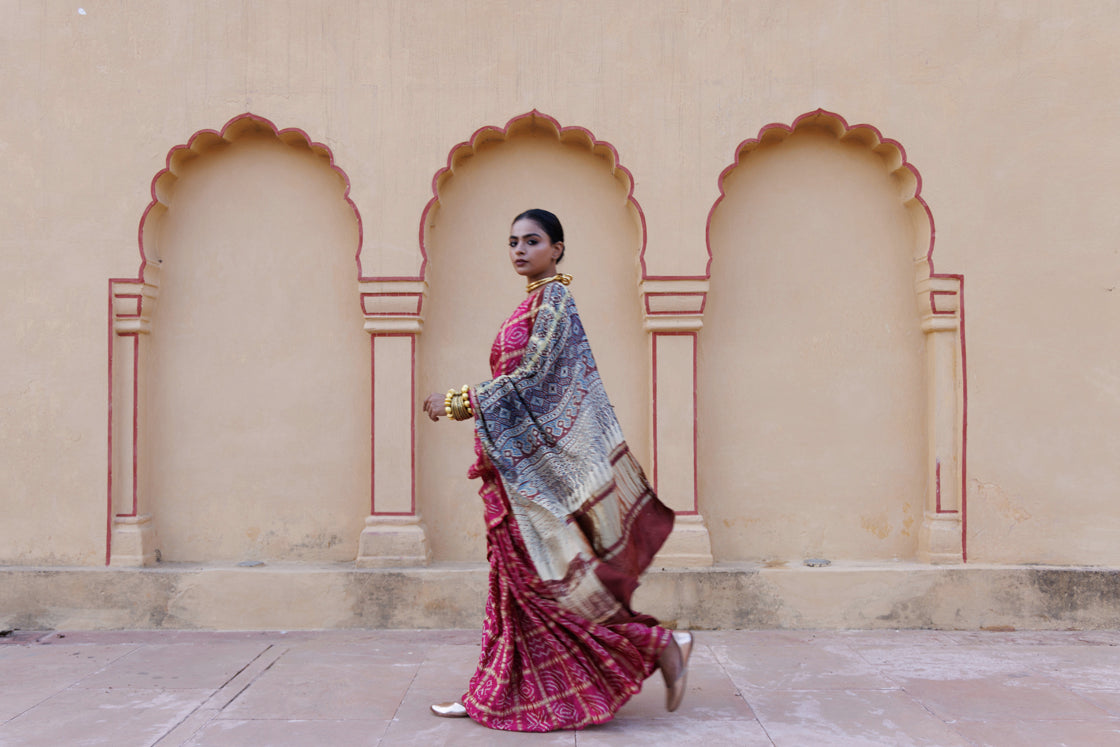 Pink Handwoven Ajrakh Bandhani Pure Silk Saree
