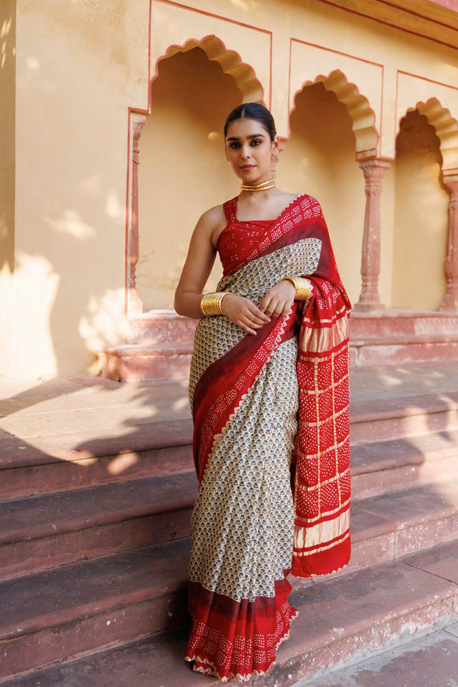 Red  Handwoven Ajrakh Bandhani Pure Silk Saree