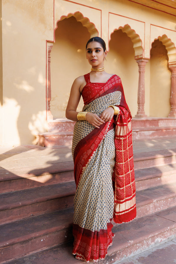 Red Ajrakh Handblock Pure Bandhani Silk Saree with Zari Gharchola Pallu