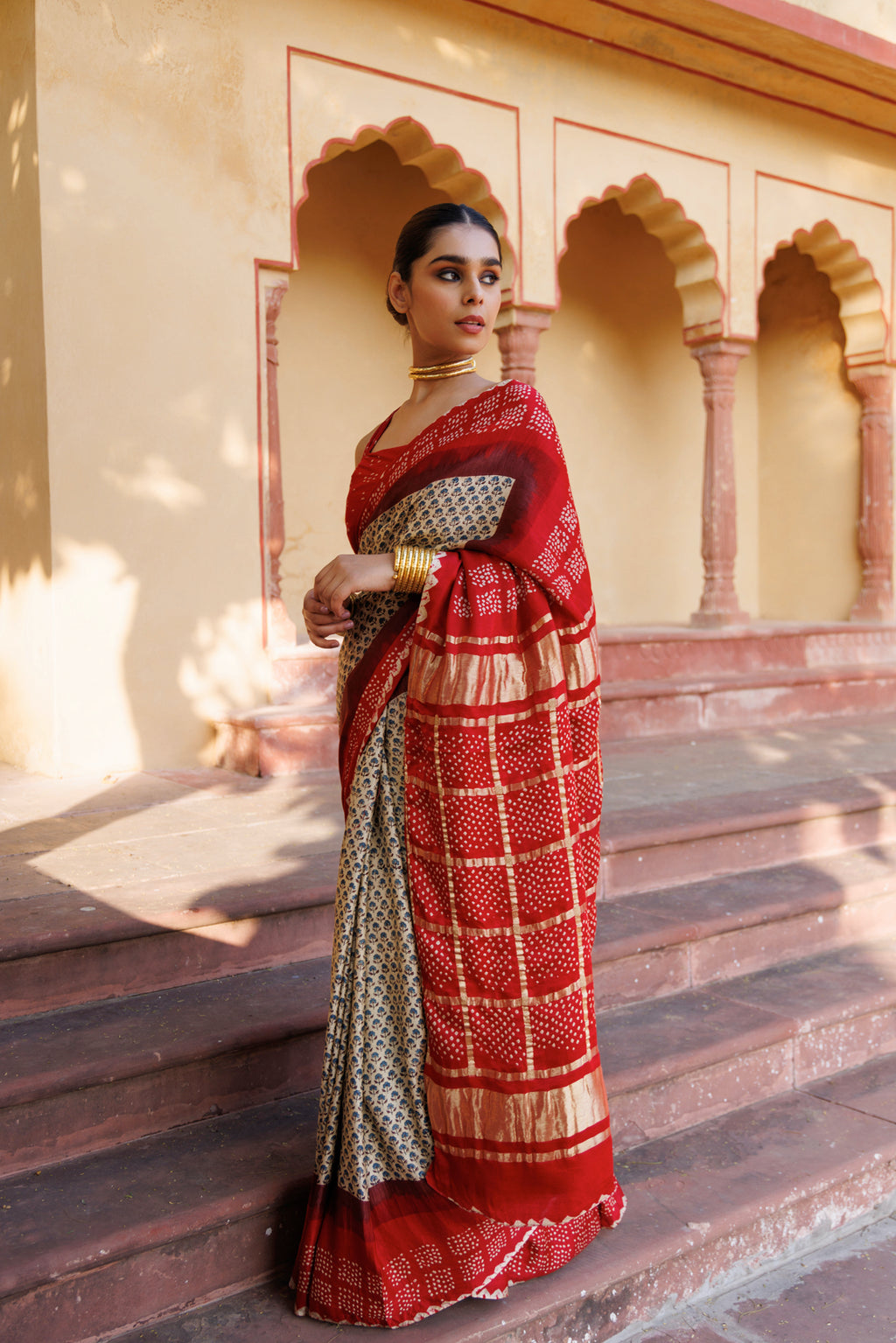 Red  Handwoven Ajrakh Bandhani Pure Silk Saree