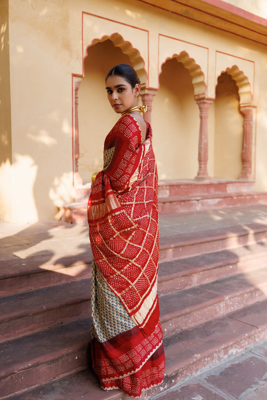 Red  Handwoven Ajrakh Bandhani Pure Silk Saree