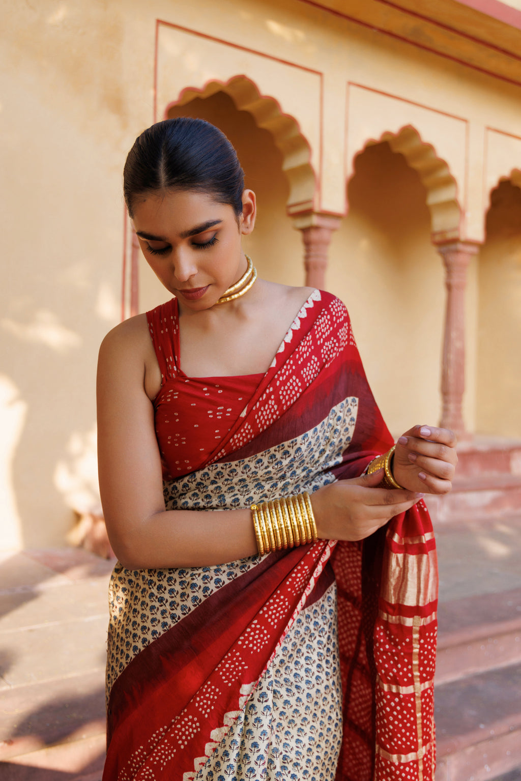 Red  Handwoven Ajrakh Bandhani Pure Silk Saree