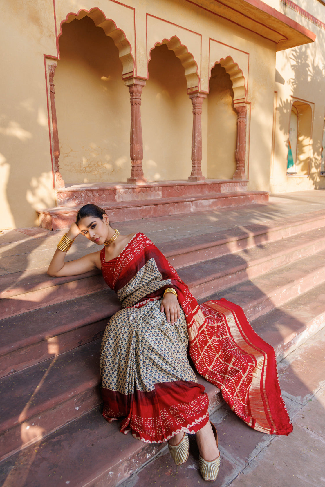 Red  Handwoven Ajrakh Bandhani Pure Silk Saree