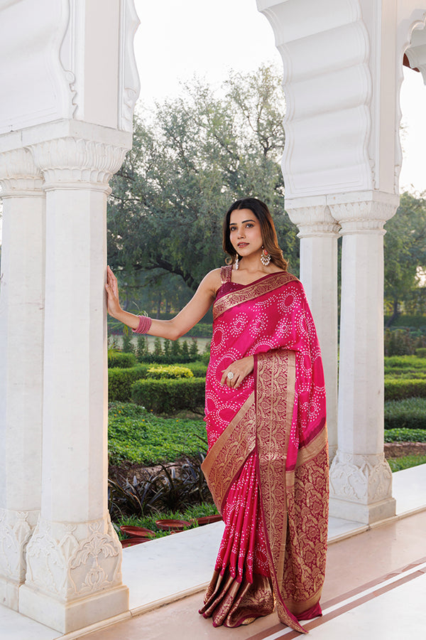 Pink Gajji Silk Bandhani Saree With Zari Border & Pallu