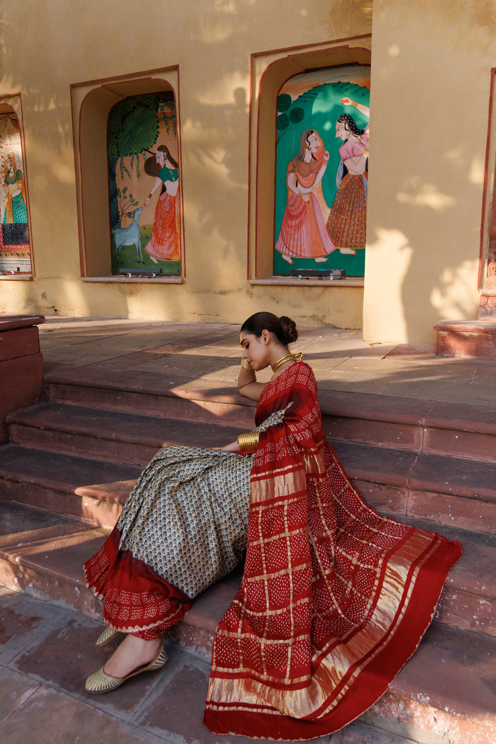 Red  Handwoven Ajrakh Bandhani Pure Silk Saree