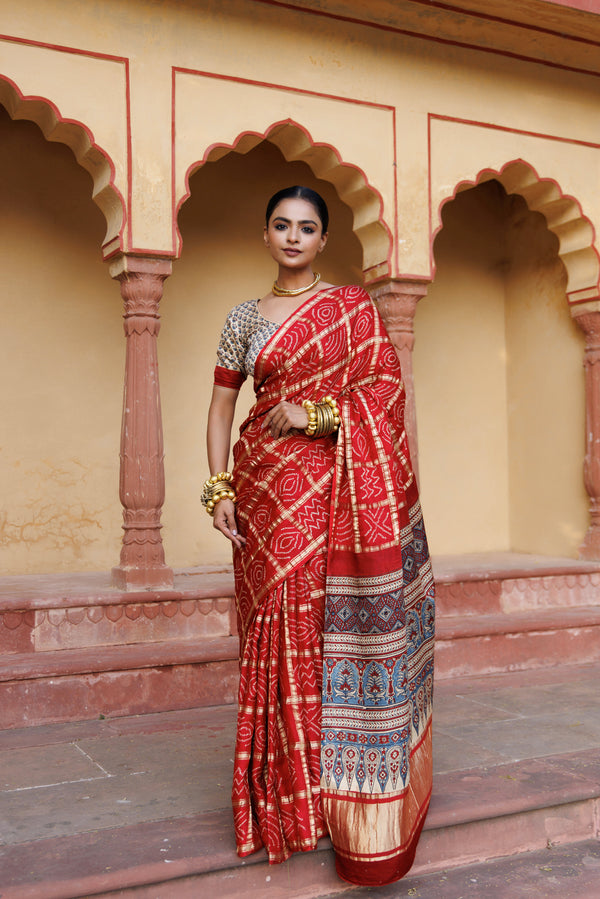 Red Handwoven Ajrakh Bandhani Pure Silk Saree