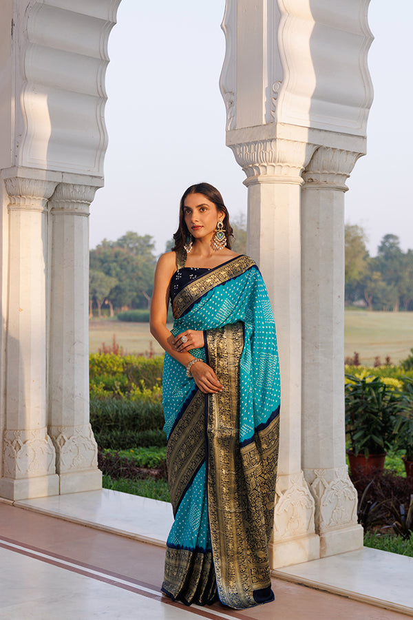 Turquoise Gajji Silk Bandhani Saree With Zari Border & Pallu