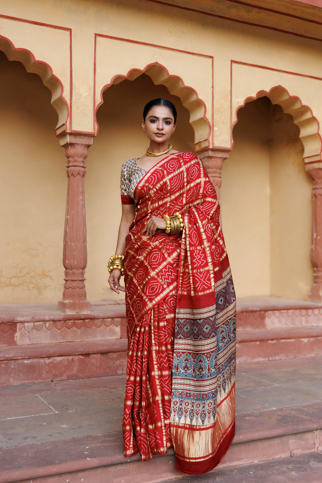 Red Handwoven Ajrakh Bandhani Pure Silk Saree