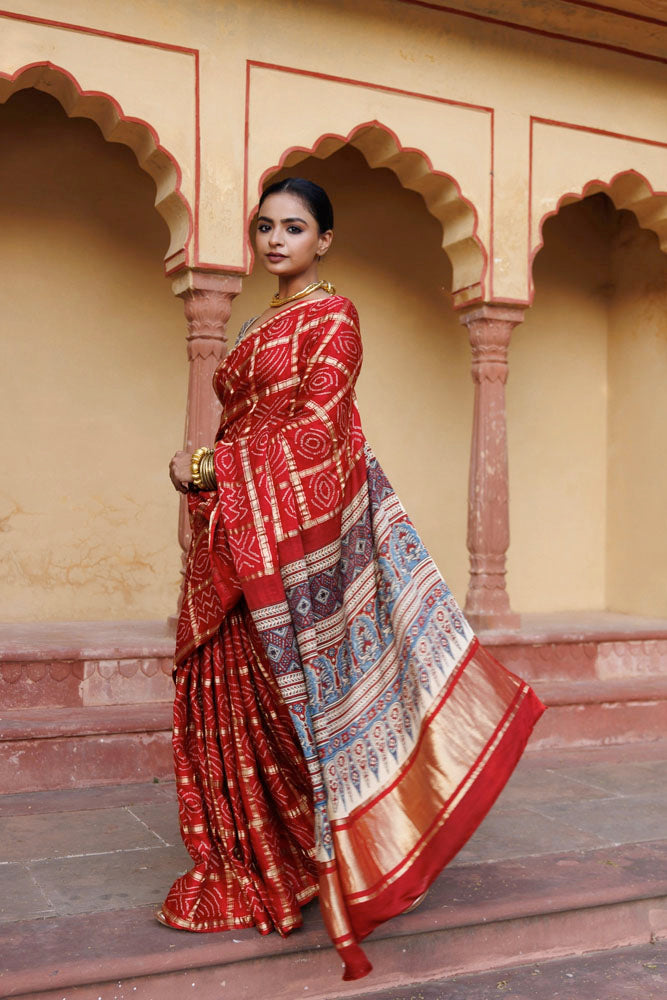 Red Handwoven Ajrakh Bandhani Pure Silk Saree
