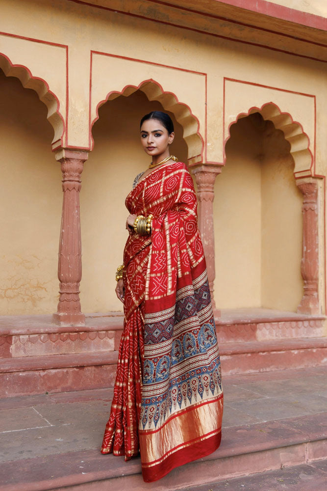 Red Handwoven Ajrakh Bandhani Pure Silk Saree