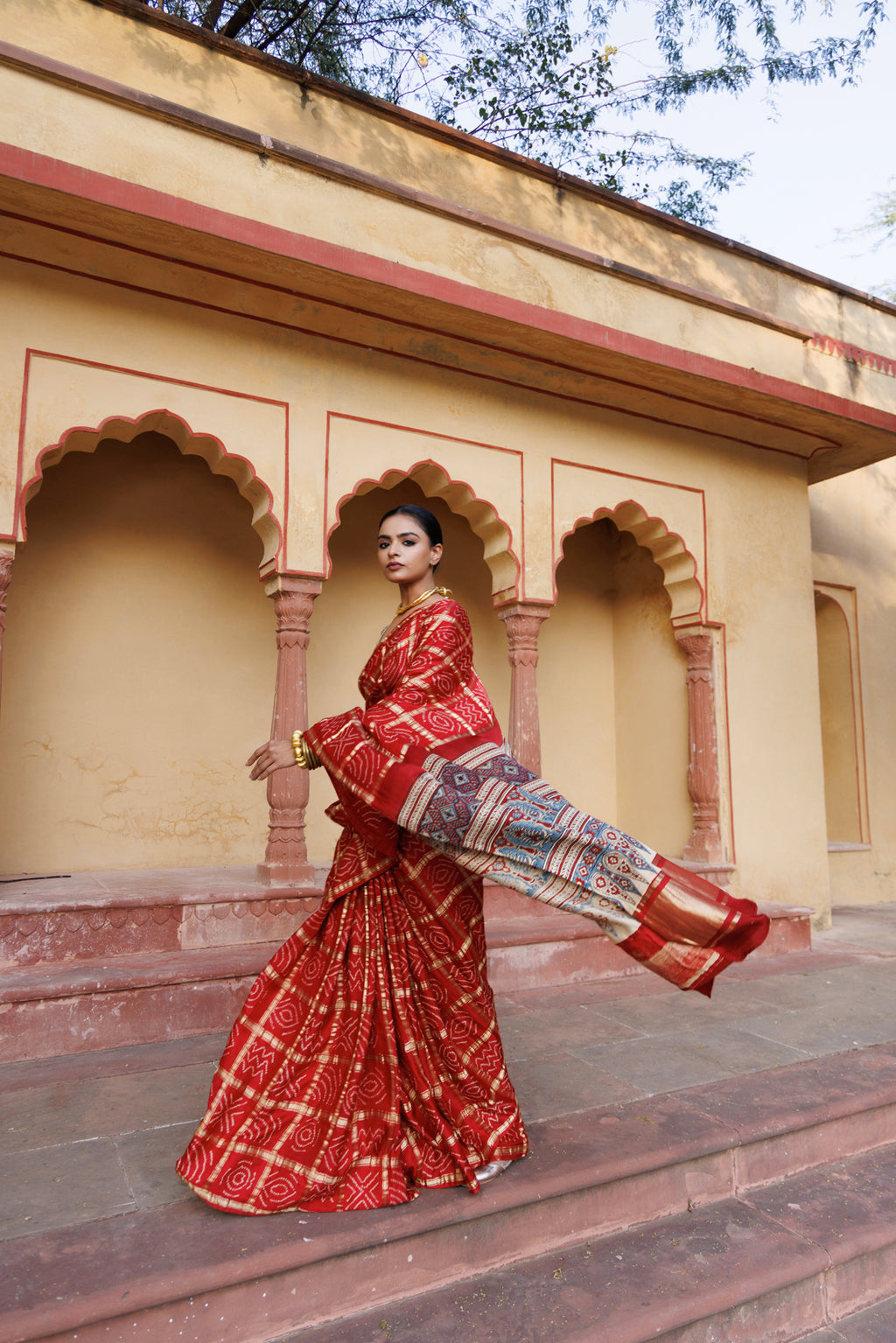 Red Handwoven Ajrakh Bandhani Pure Silk Saree