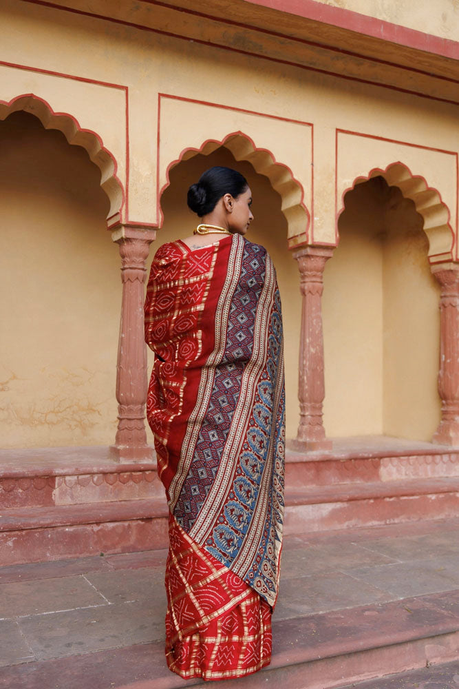 Red Handwoven Ajrakh Bandhani Pure Silk Saree