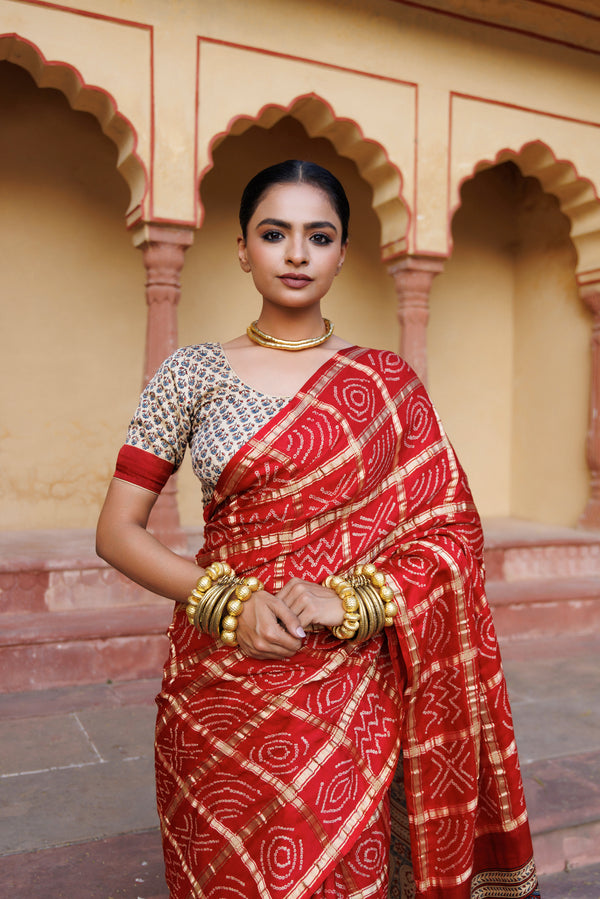 Red Pure Bandhani Gharchola Zari Silk Saree with Ajrakh Pallu