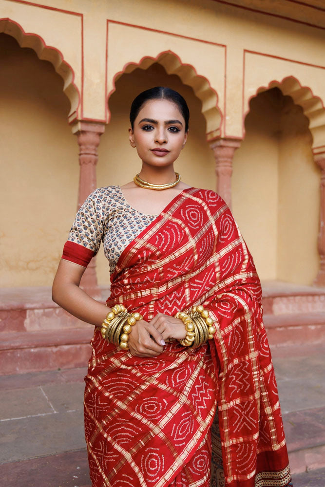 Red Handwoven Ajrakh Bandhani Pure Silk Saree