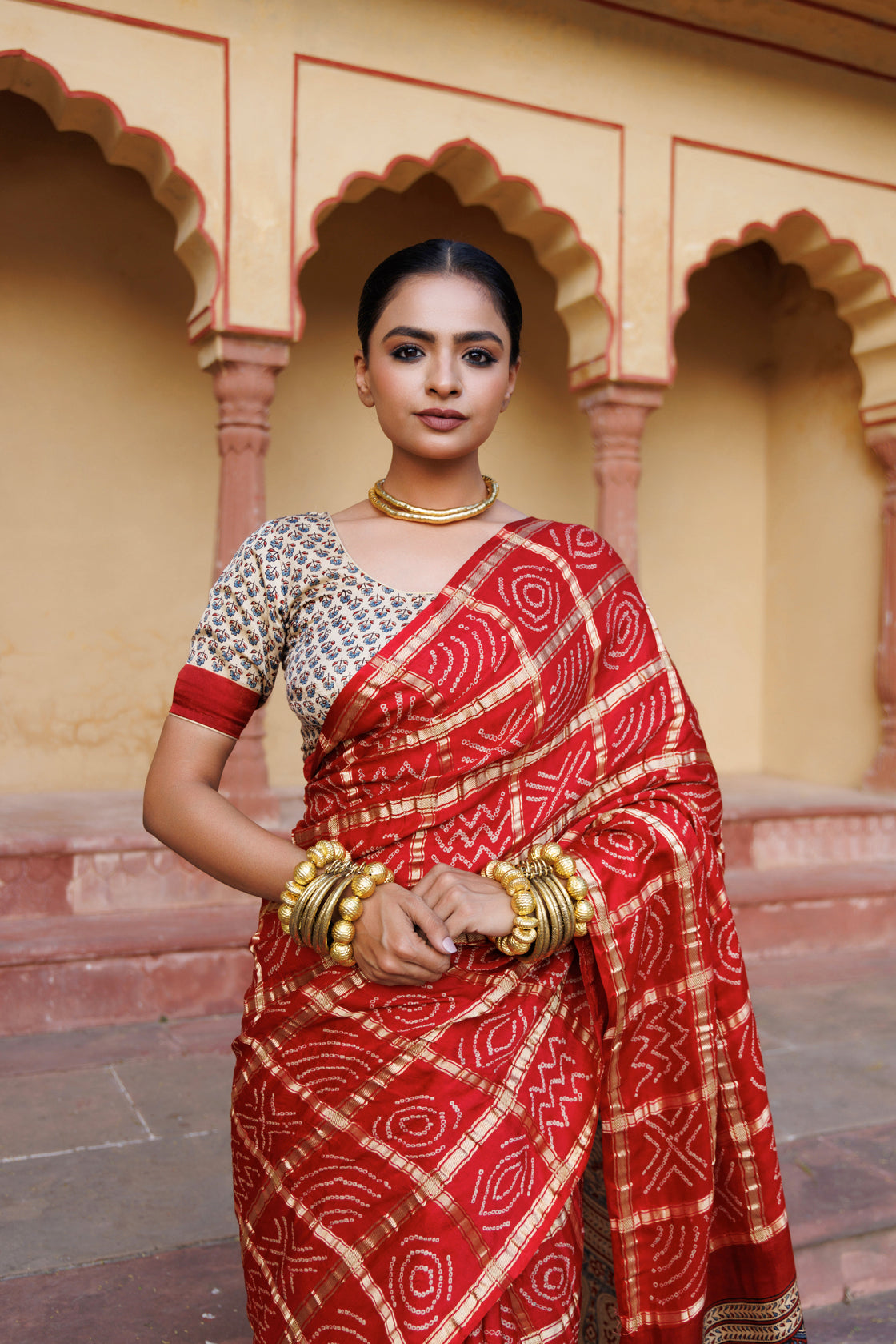 Red Handwoven Ajrakh Bandhani Pure Silk Saree