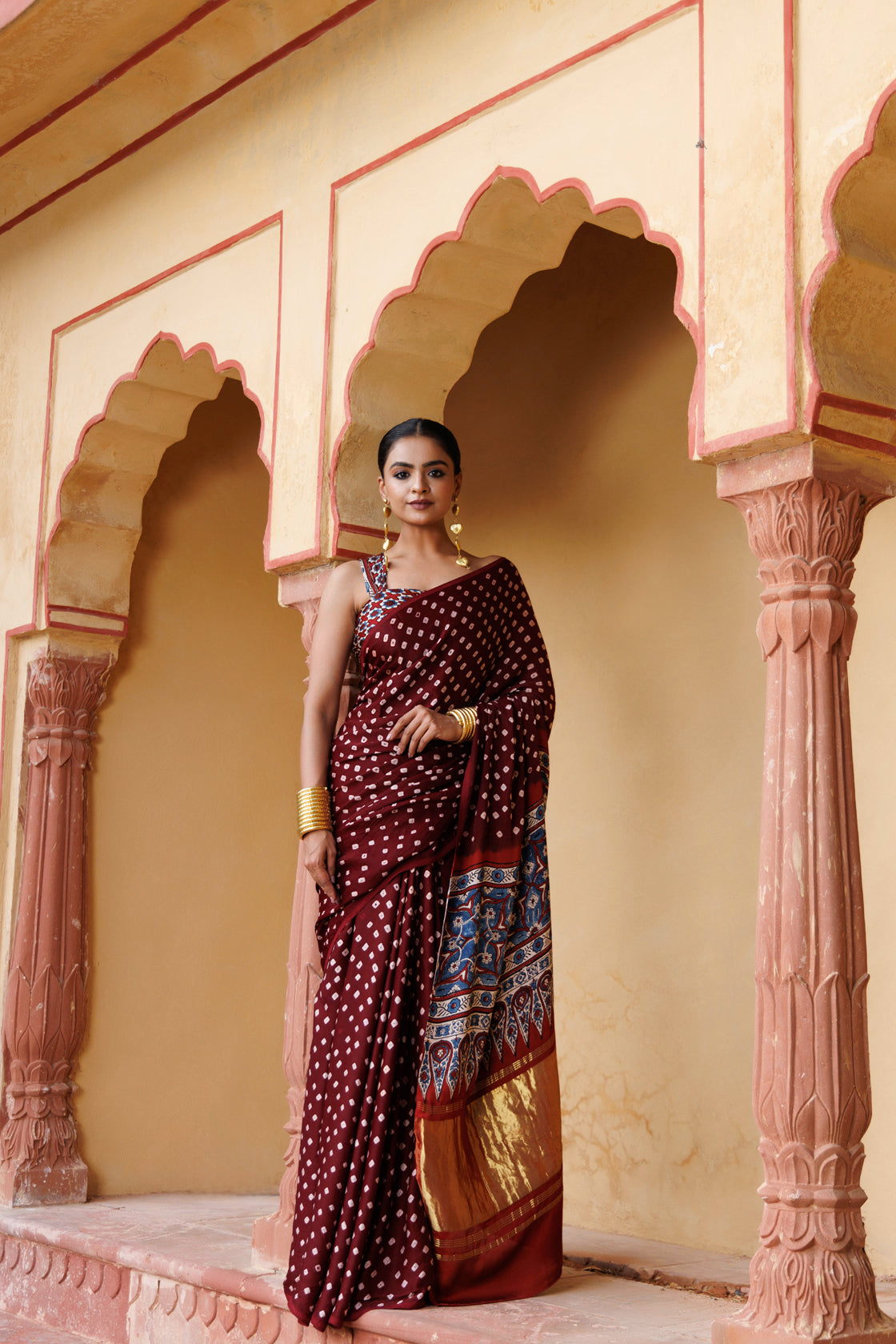 Modal Silk Bandhej Saree With Ajrakh Pallu – Kutch Kruti