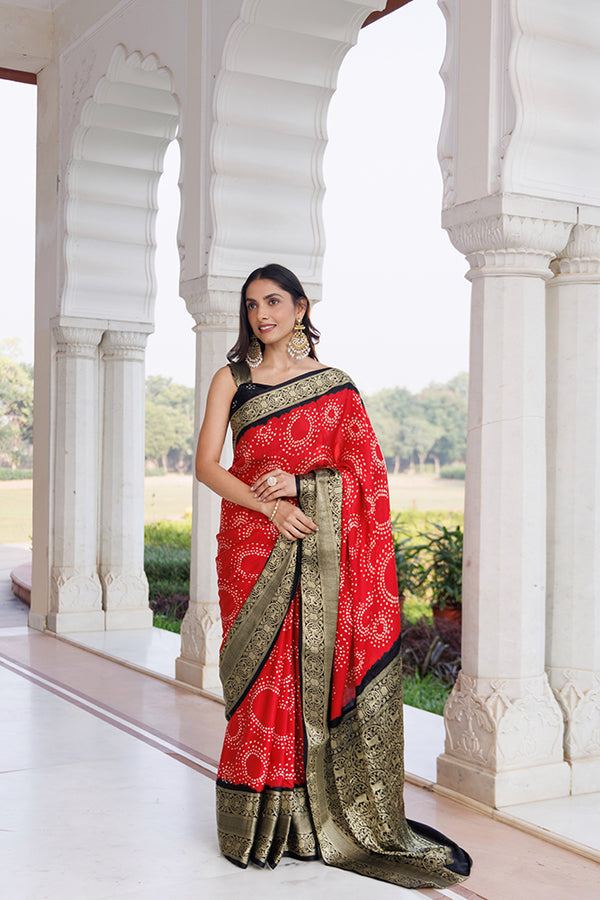 Red Gajji Silk Bandhani Saree With Zari Border & Pallu