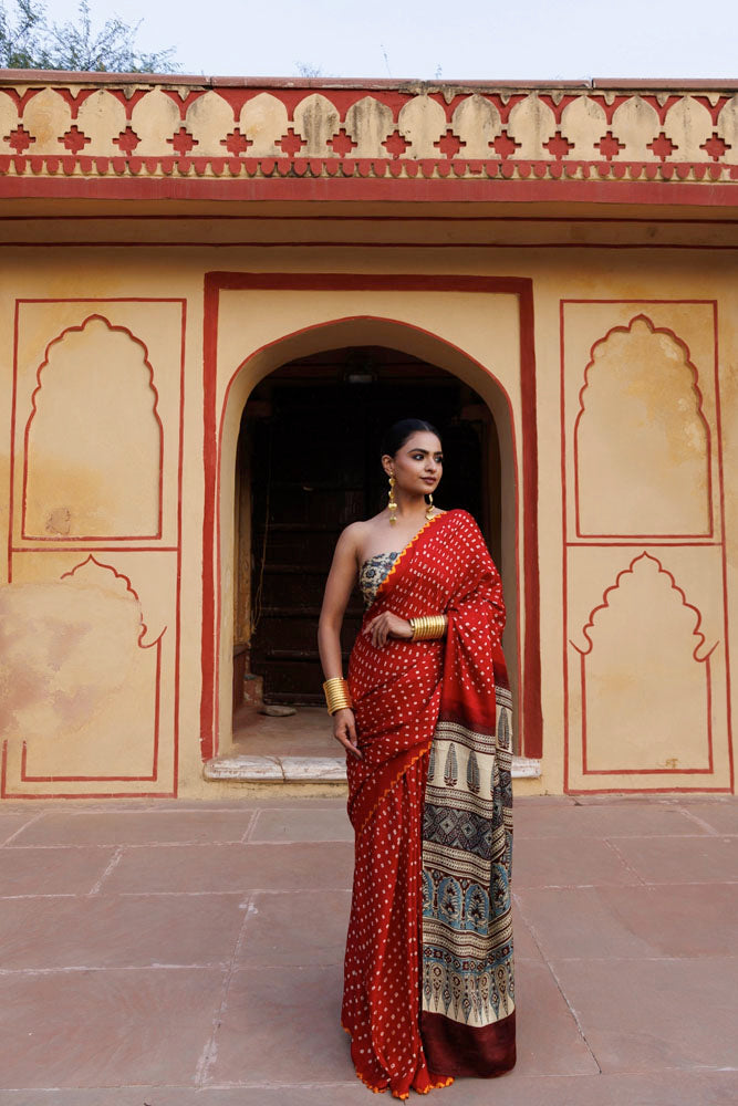 Red Handwoven Ajrakh Bandhani Pure Silk Saree