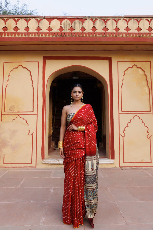 Red Handwoven Ajrakh Bandhani Pure Silk Saree