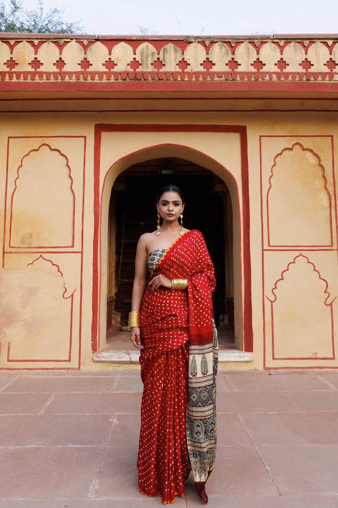 Red Handwoven Ajrakh Bandhani Pure Silk Saree