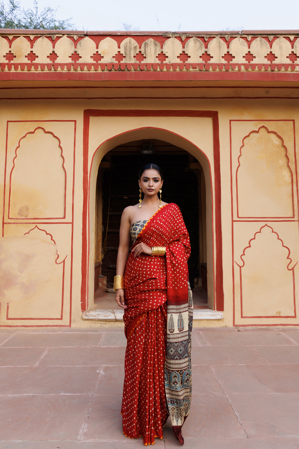 Red Ajrak & Bandhani Gajji Silk Saree