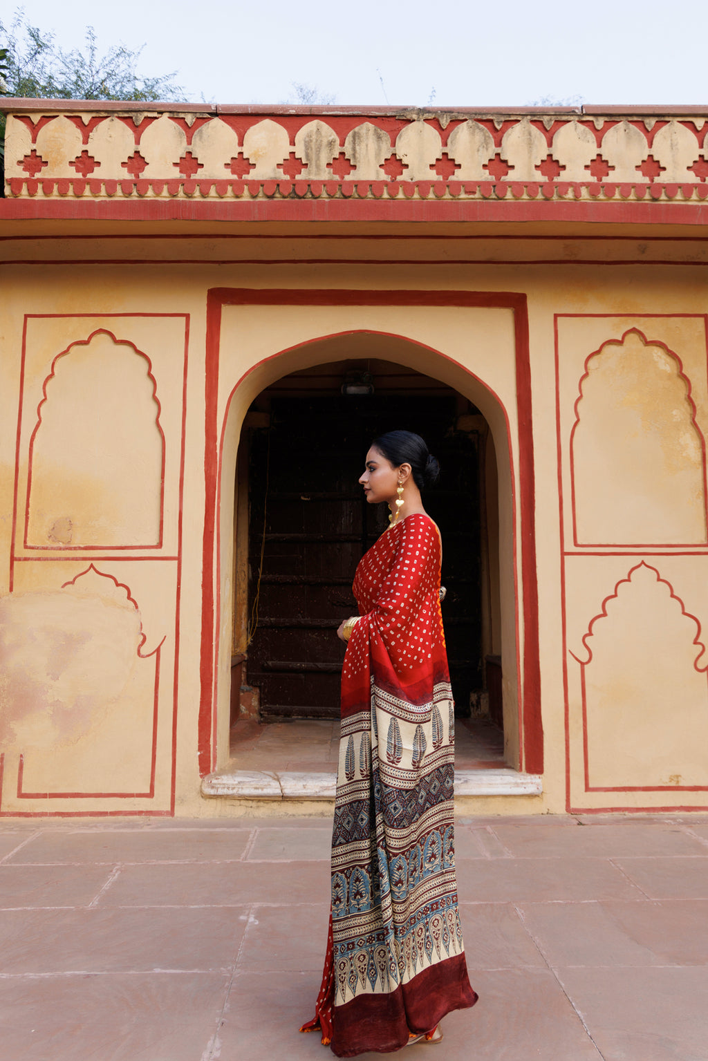 Red Ajrak & Bandhani Gajji Silk Saree