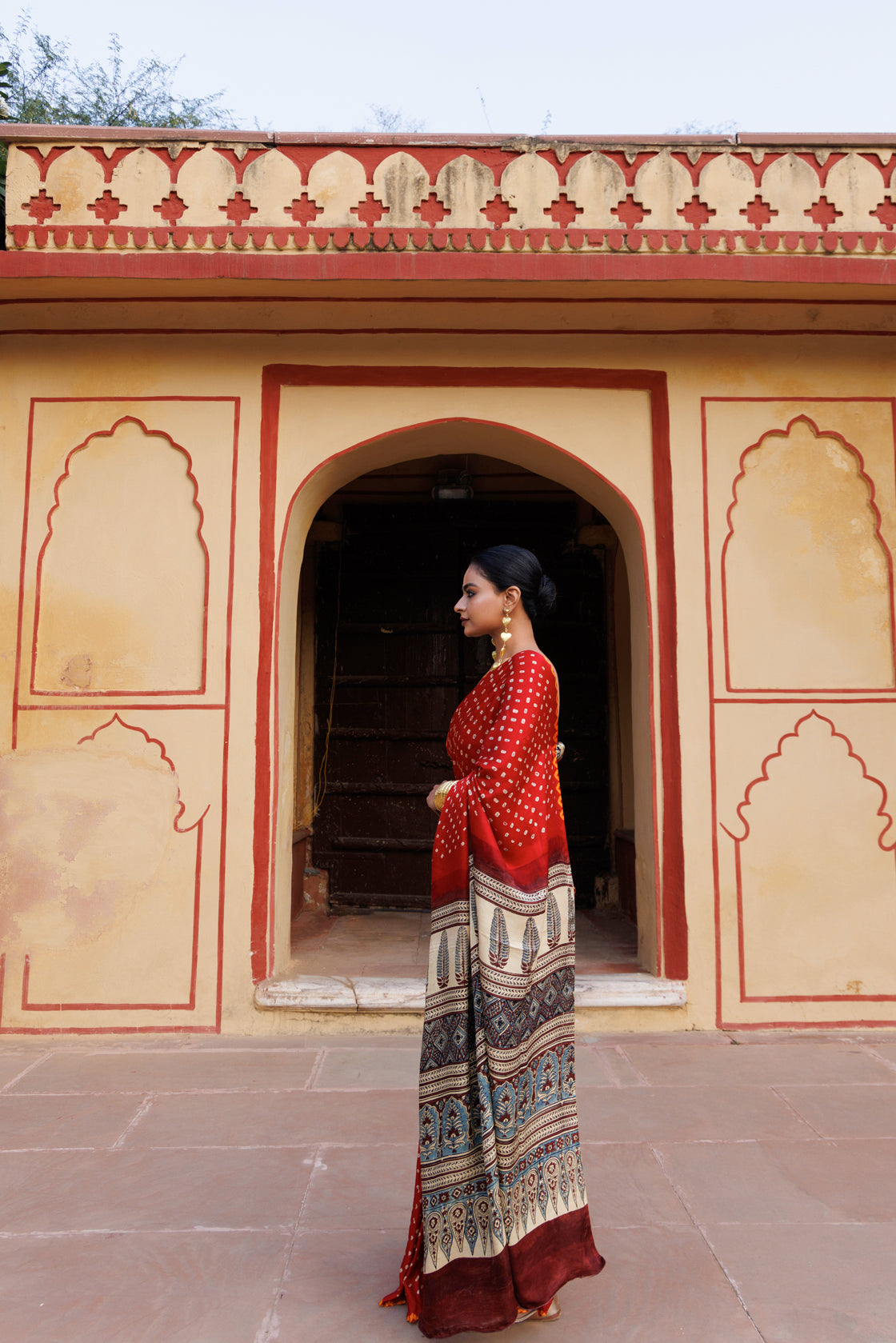 Red Ajrak & Bandhani Gajji Silk Saree