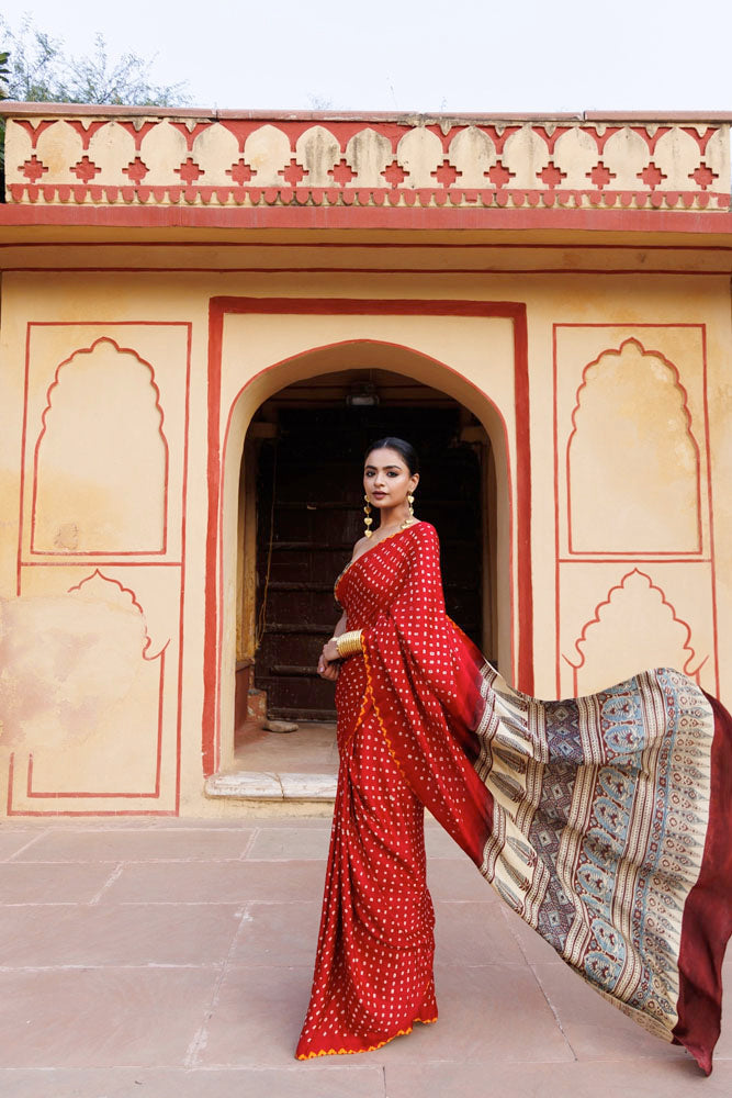 Red Handwoven Ajrakh Bandhani Pure Silk Saree